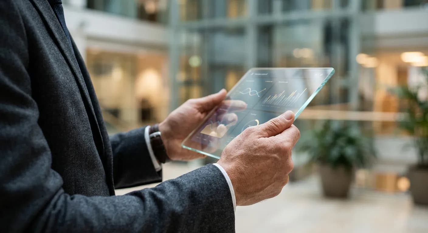 Gros plan d'un entrepreneur consultant ses options bancaires sur une tablette élégante.