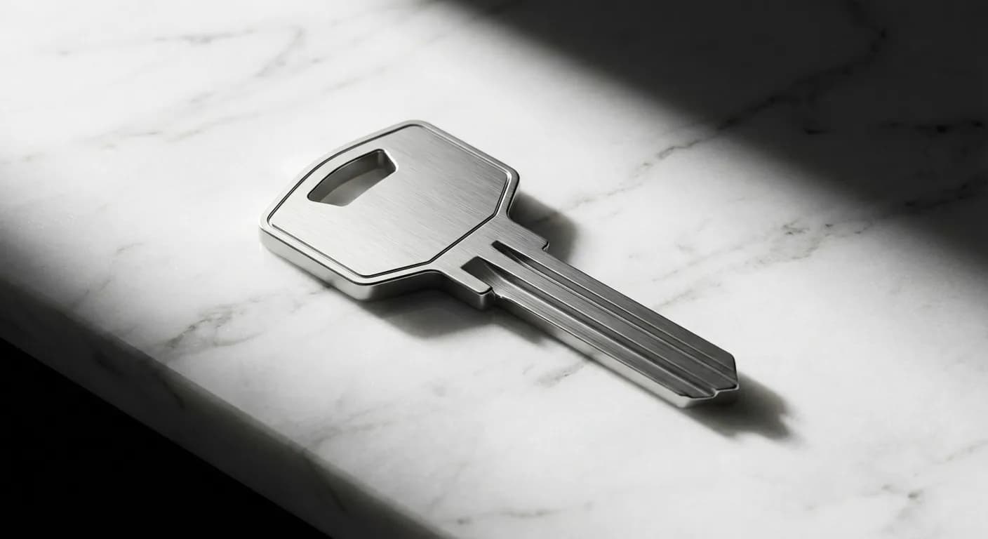 Une clé moderne sur une surface en marbre pour symboliser l'adresse administrative