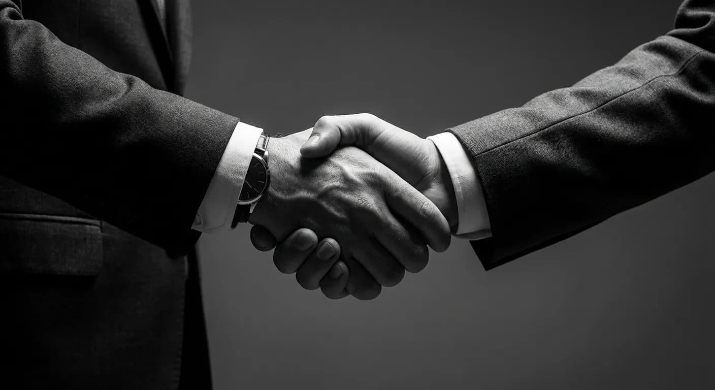 Gros plan iconique d'une poignée de main symbolisant le contrat intuitu personae.