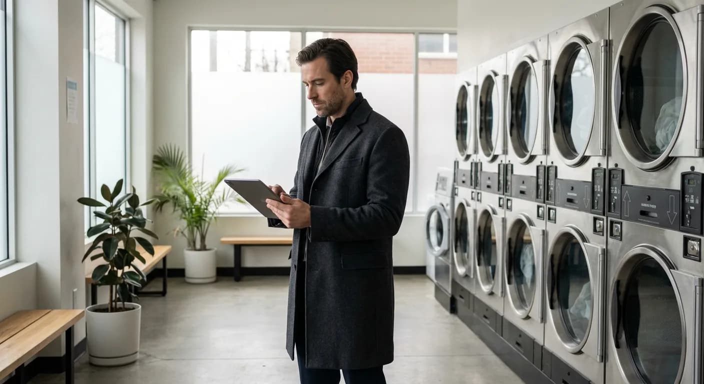 Entrepreneur analysant la rentabilité de sa laverie automatique