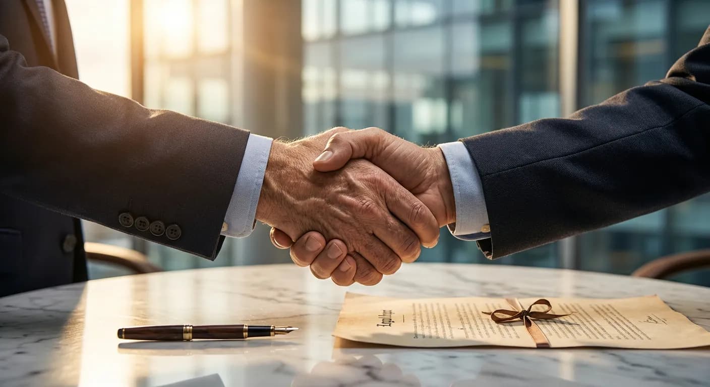 Gros plan de la transmission des biens et signature de documents financiers