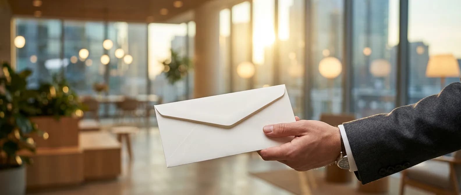 Remise en main propre d'une lettre de démission dans un bureau moderne de luxe.