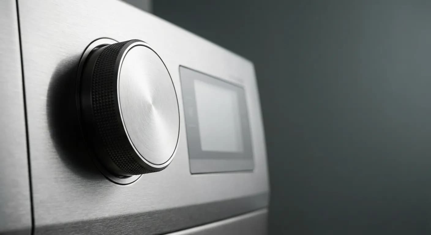 Gros plan iconique sur une machine à laver professionnelle haut de gamme