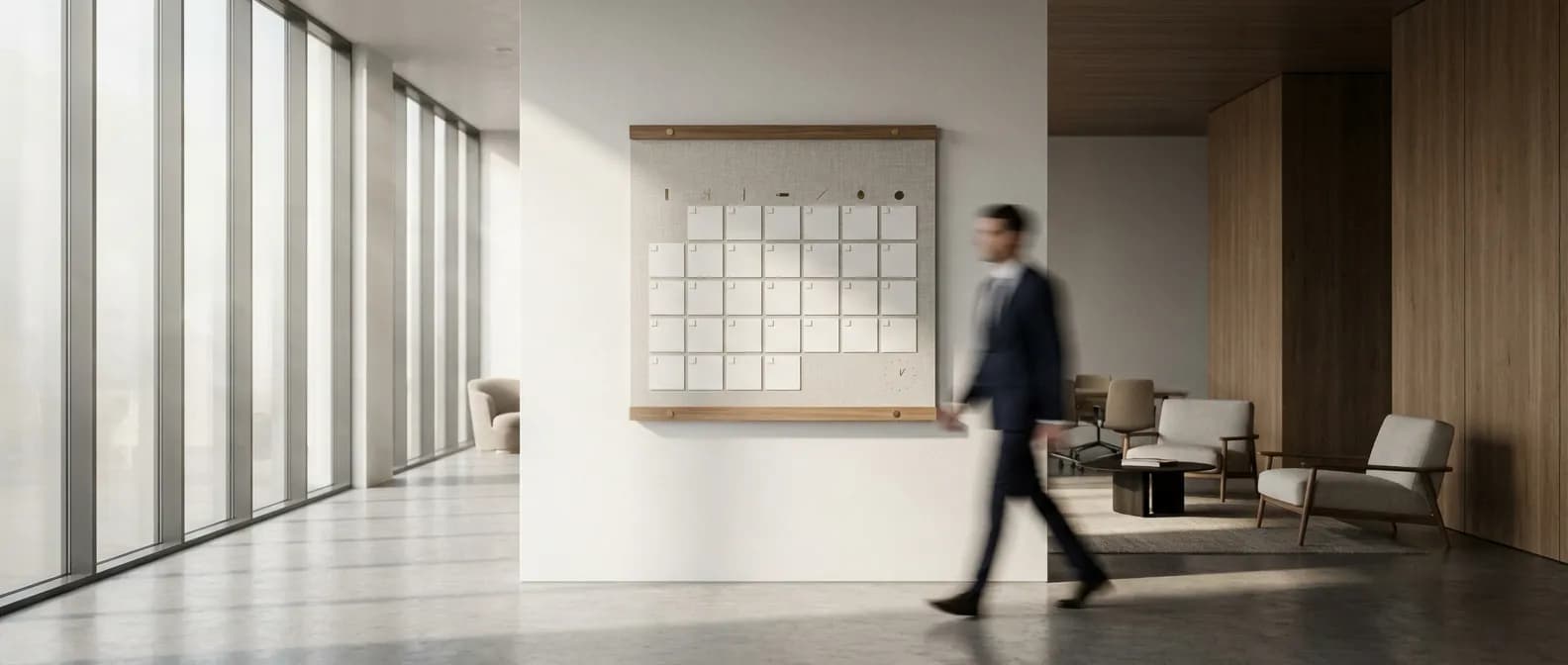 Calendrier mural moderne dans un environnement professionnel pour illustrer les échéances fiscales