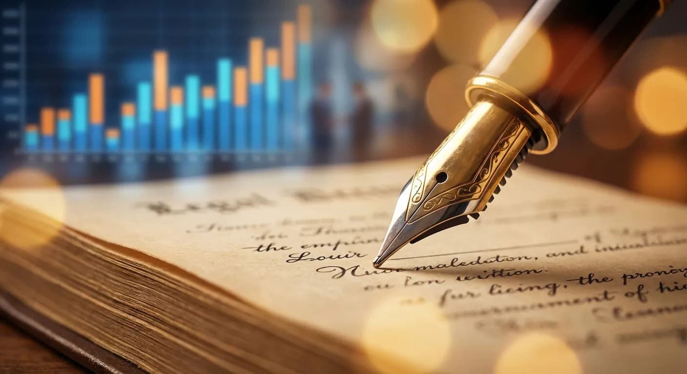 Stylo plume sur un document juridique avec graphiques financiers