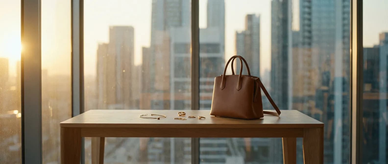 Atelier de designer luxueux avec créations artisanales baigné de lumière matinale