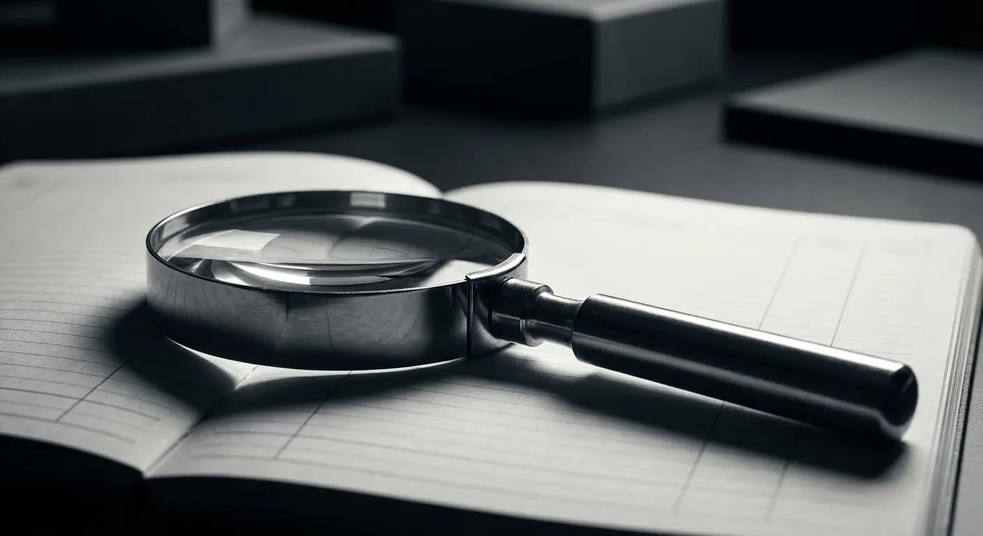Gros plan minimaliste sur une loupe et un registre financier pour la vérification des créances.