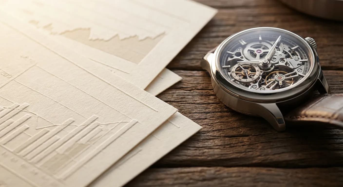 Détail macro de documents financiers et d'une montre de luxe évoquant la précision du calcul du solde.