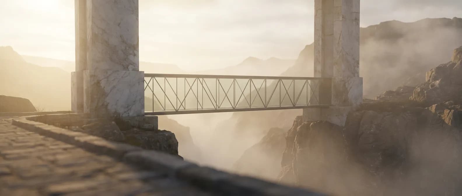 Illustration conceptuelle de quasi fonds propres représentée par un pont architectural moderne entre deux structures solides au lever du soleil.