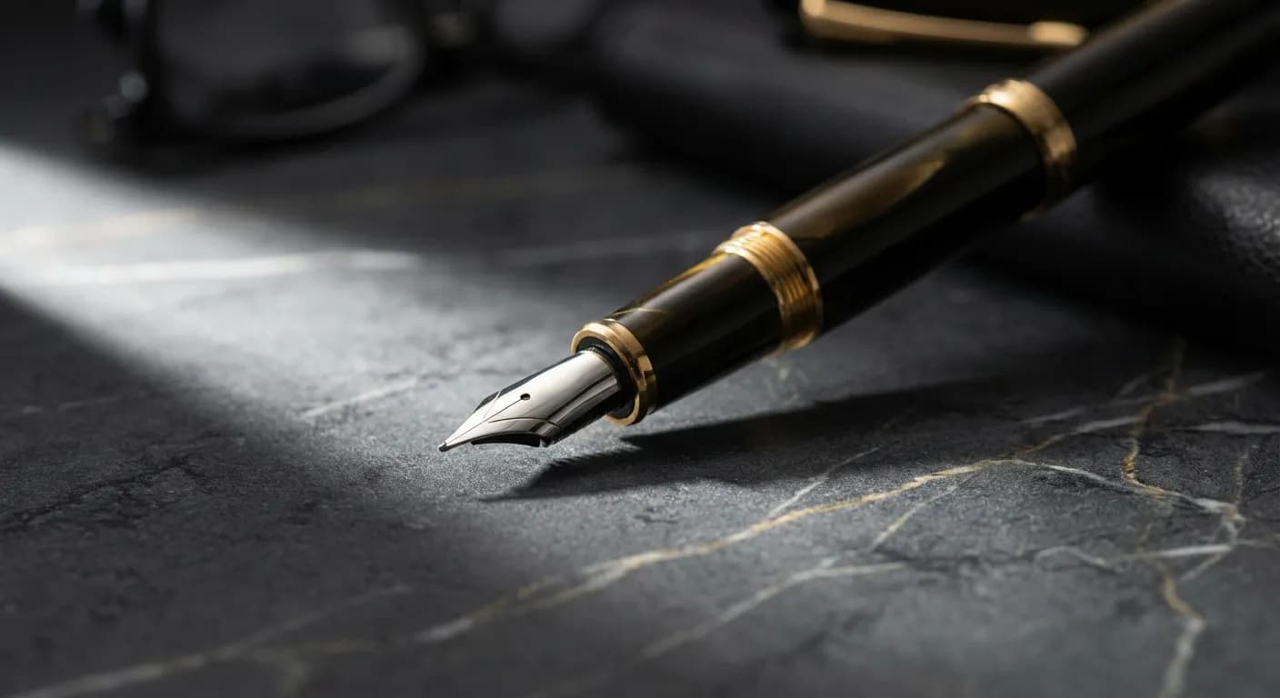 Gros plan sur un stylo de luxe, symbole de la prise de décision financière.