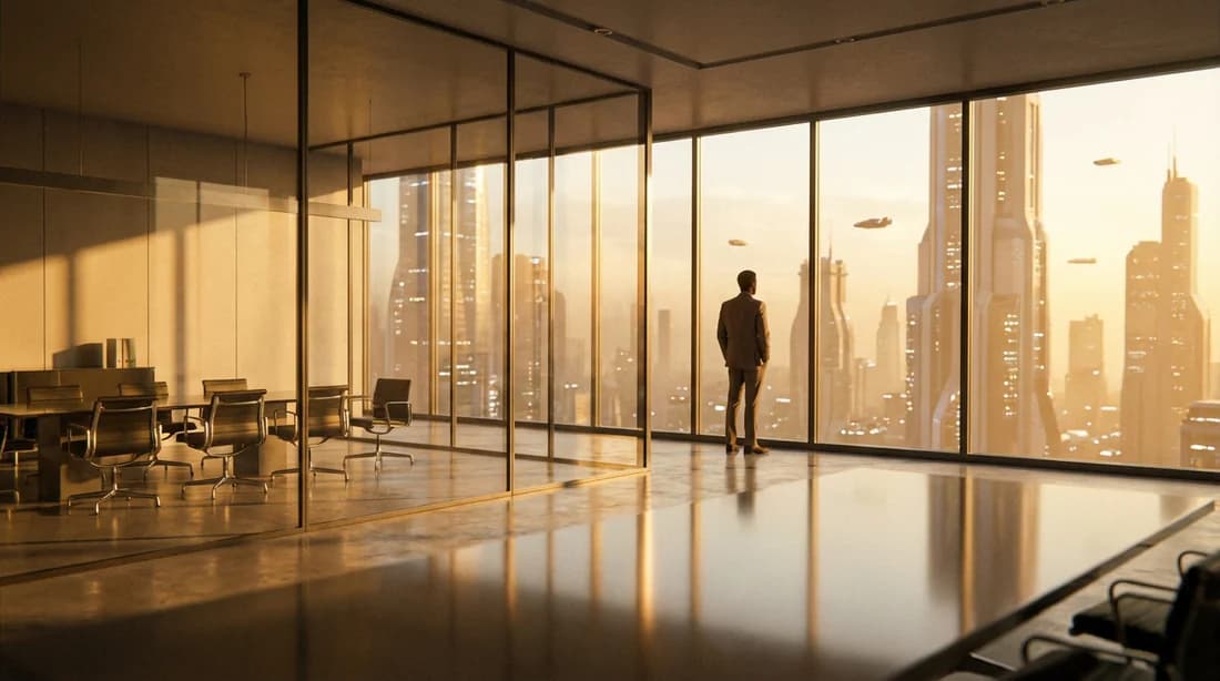 Vue panoramique d'un bureau de luxe surplombant une métropole moderne au lever du soleil, symbolisant la réussite entrepreneuriale.