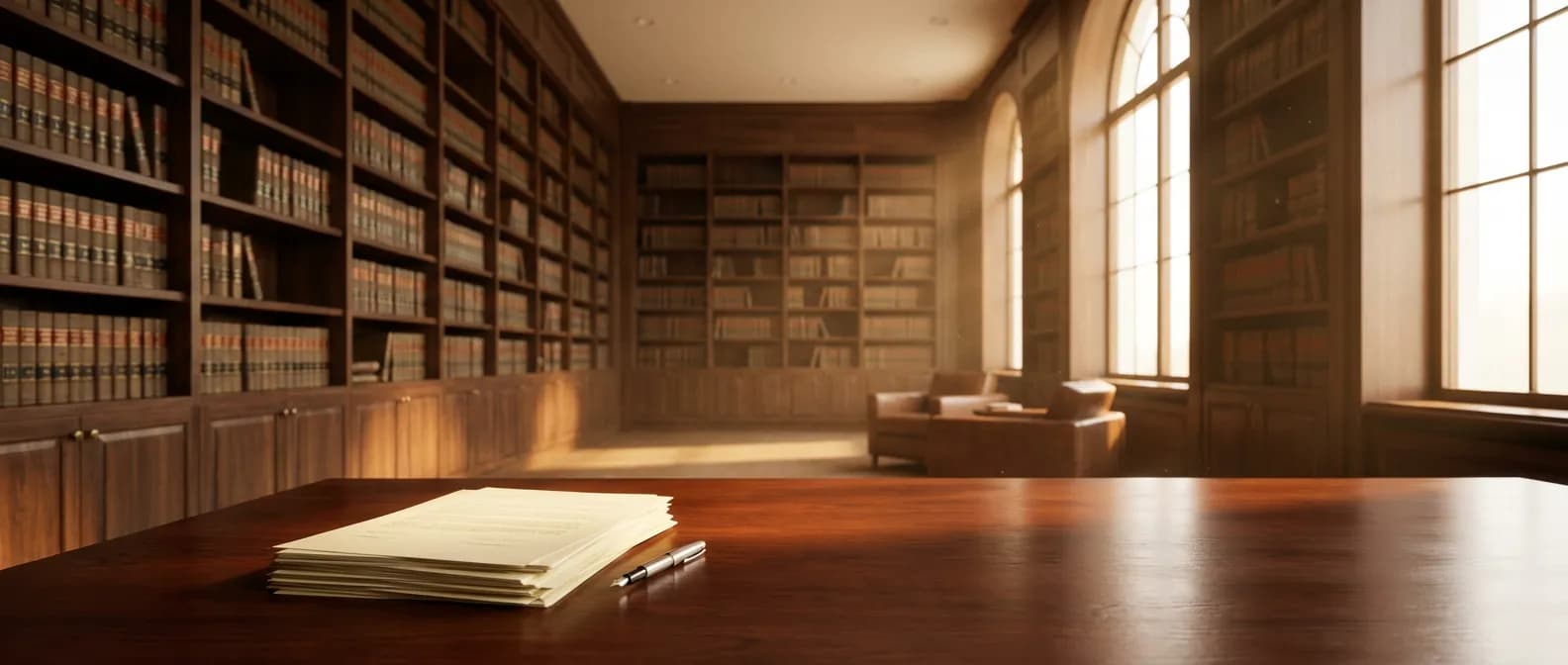 Vue cinématographique d'une bibliothèque juridique prestigieuse symbolisant le dépôt de l'état des créances.