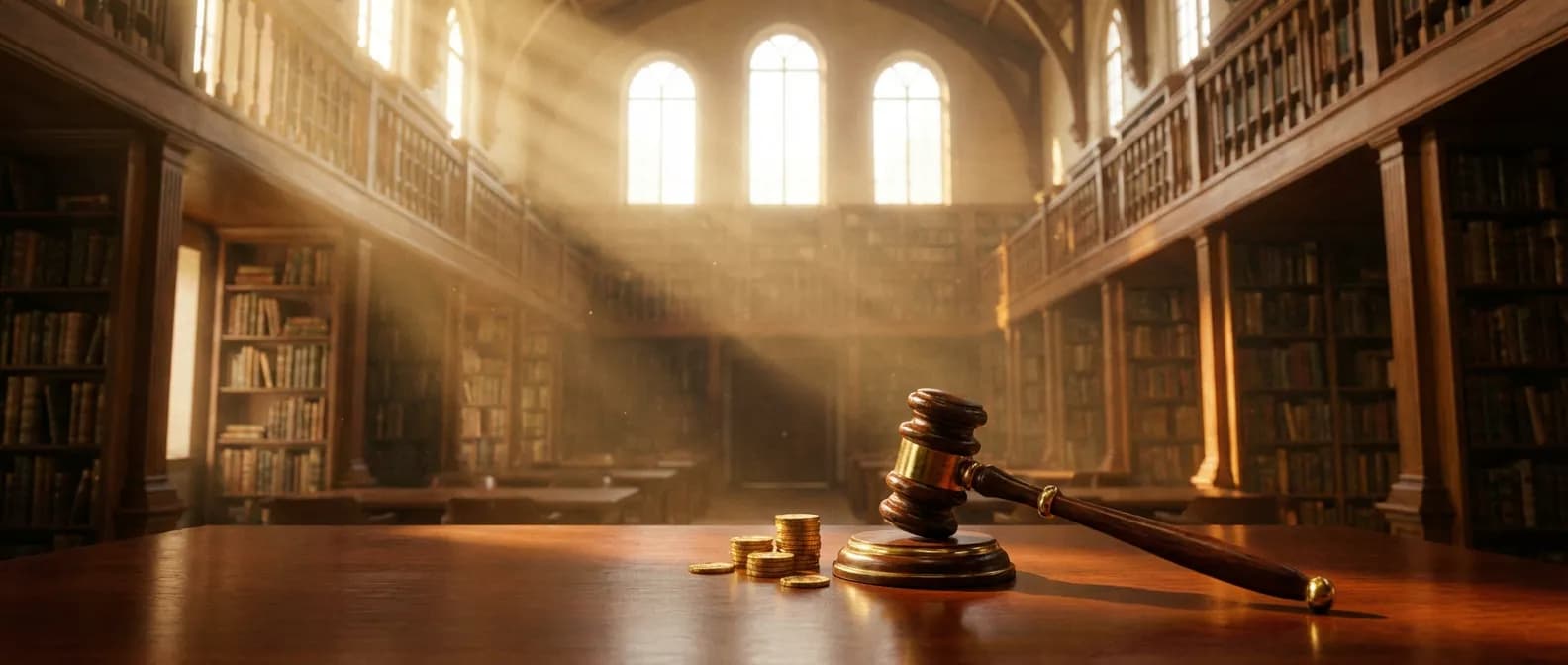 Vue cinématique d'une salle de conférence prestigieuse avec des pièces d'or sur une table en bois massif