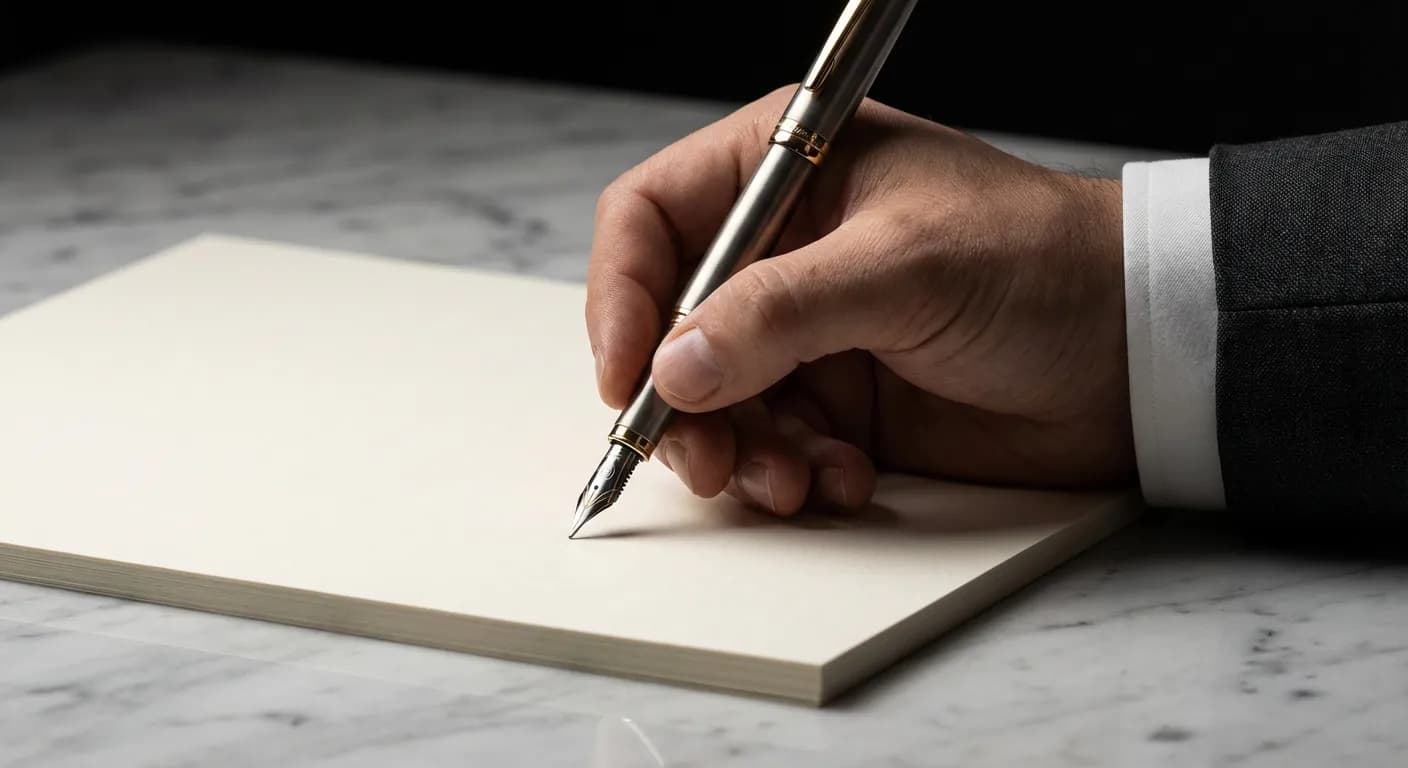 Main d'un professionnel s'apprêtant à signer une facture de solde sur un bureau en marbre.