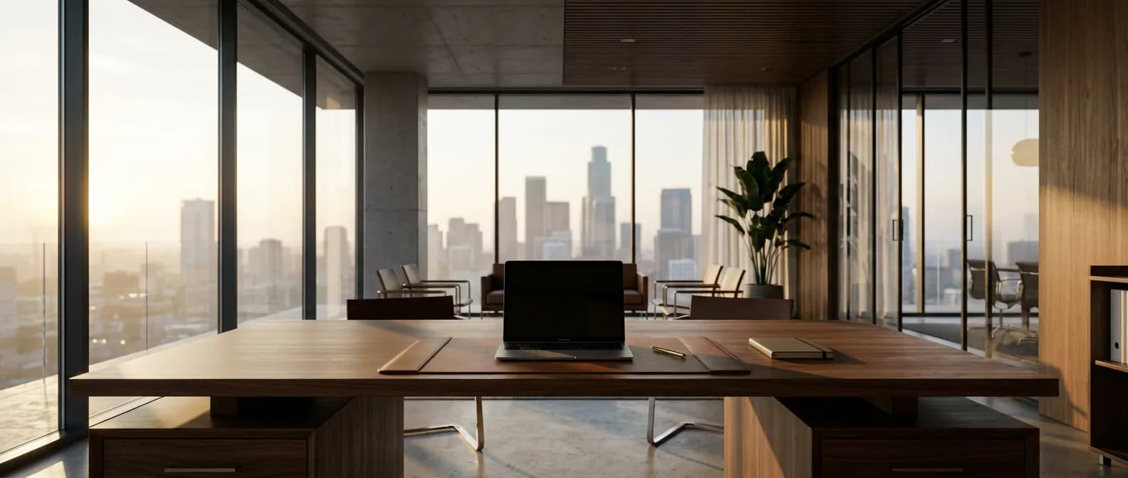 Bureau moderne et épuré d'un cabinet d'expertise comptable avec vue sur la ville