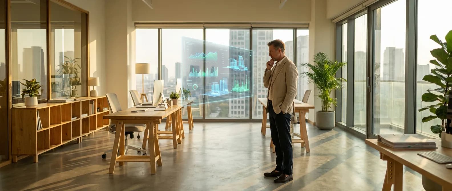 Entrepreneur visionnaire analysant les opportunités de financement hybride dans un bureau moderne.