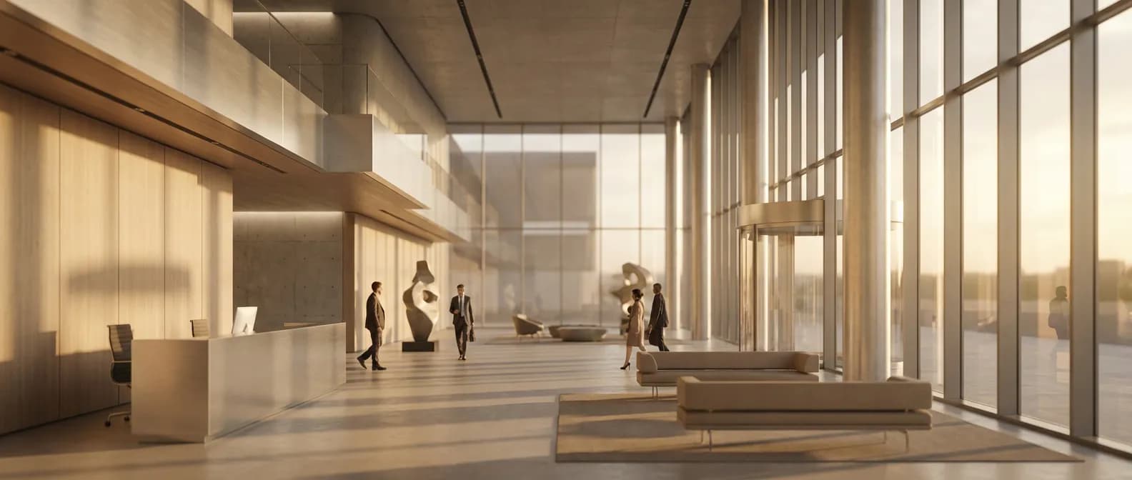 Vue intérieure majestueuse d'une banque moderne baignée de lumière naturelle pour illustrer l'offre CIC.