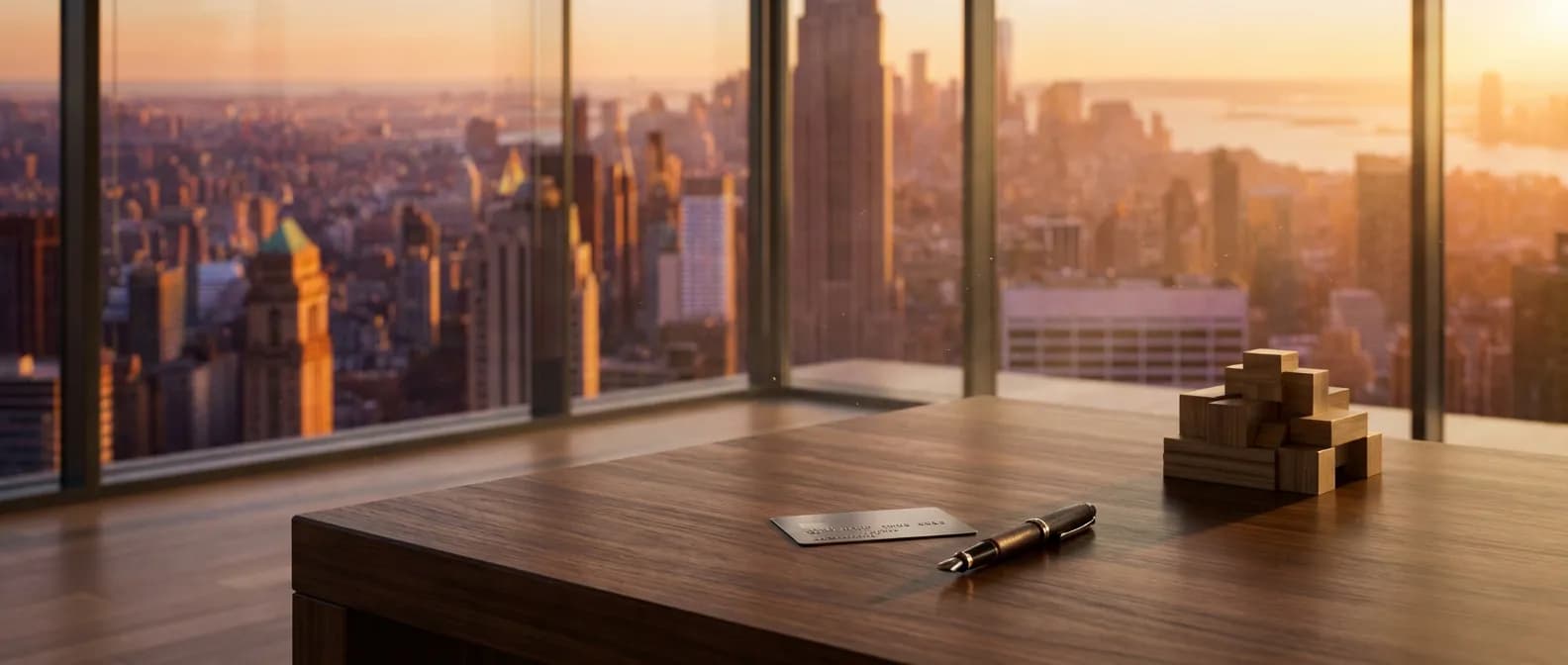 Bureau de direction luxueux avec vue sur la ville au coucher du soleil, symbolisant la liberté de choix bancaire.