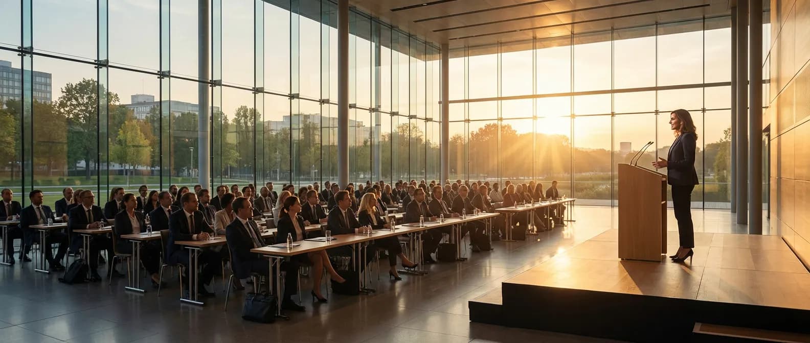 Une assemblée générale d'association prestigieuse dans une salle moderne avec vue panoramique au coucher du soleil.