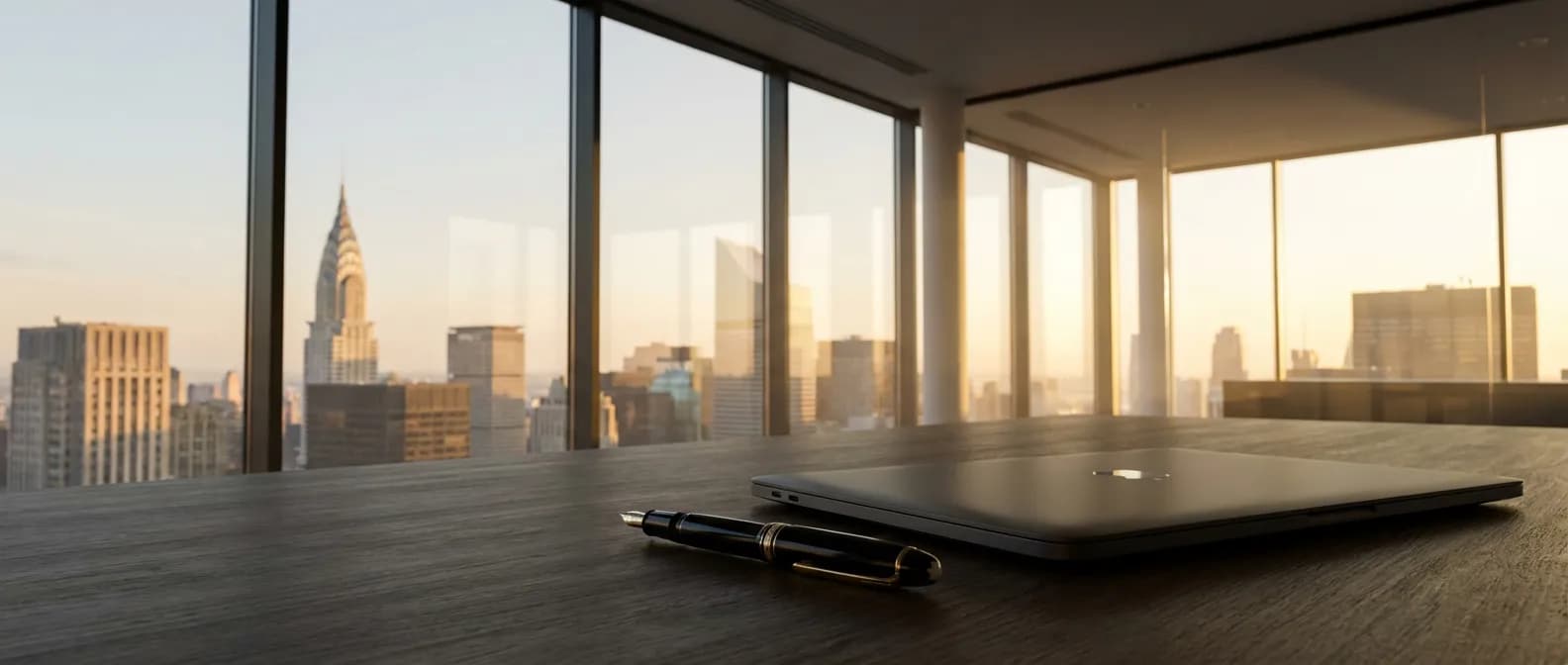 Bureau d'entrepreneur moderne avec vue sur la ville au coucher du soleil, symbolisant la clôture d'un contrat.