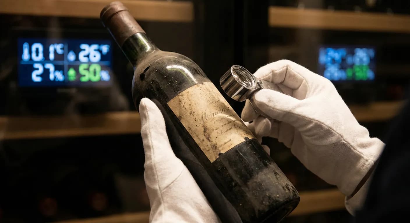 Expertise et contrôle technique d'une bouteille de vin rare dans un espace de stockage sécurisé.