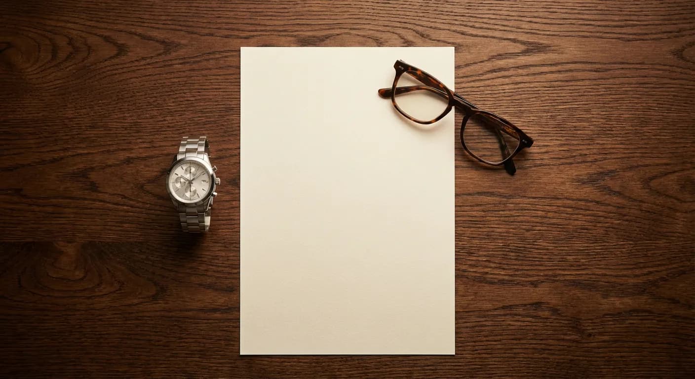 Lettre de démission posée sur un bureau en bois sombre avec des accessoires de luxe.