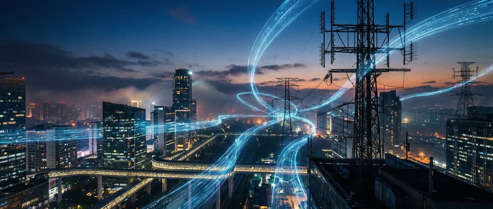 Réseau d'infrastructure physique décentralisé illuminé dans une ville futuriste