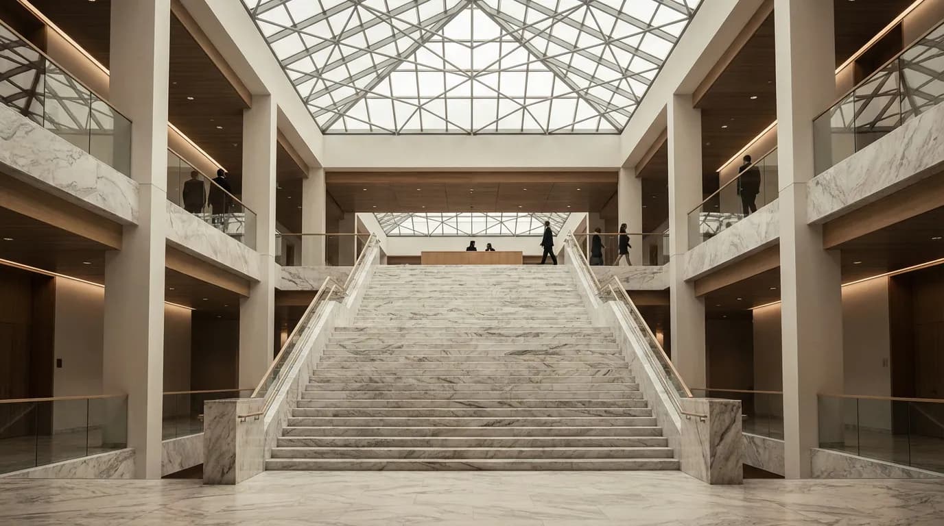 Architecture intérieure majestueuse d'un tribunal de commerce moderne.