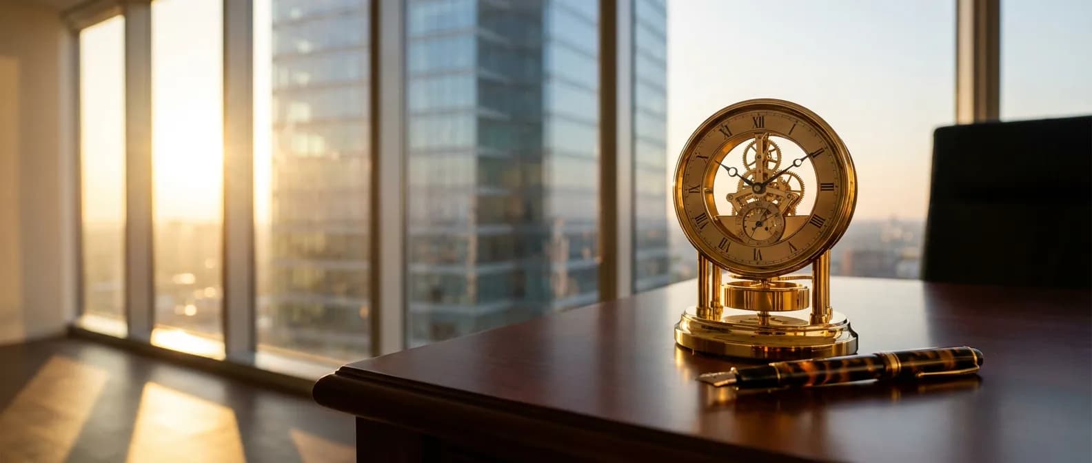 Horloge de bureau haut de gamme et stylo plume sur un bureau en bois sombre symbolisant la gestion du temps financier.