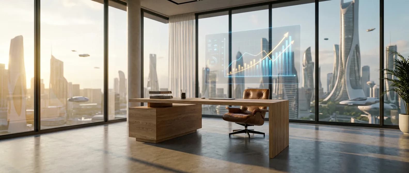 Vue panoramique d'un bureau de luxe symbolisant la performance de l'assurance vie Boursorama.