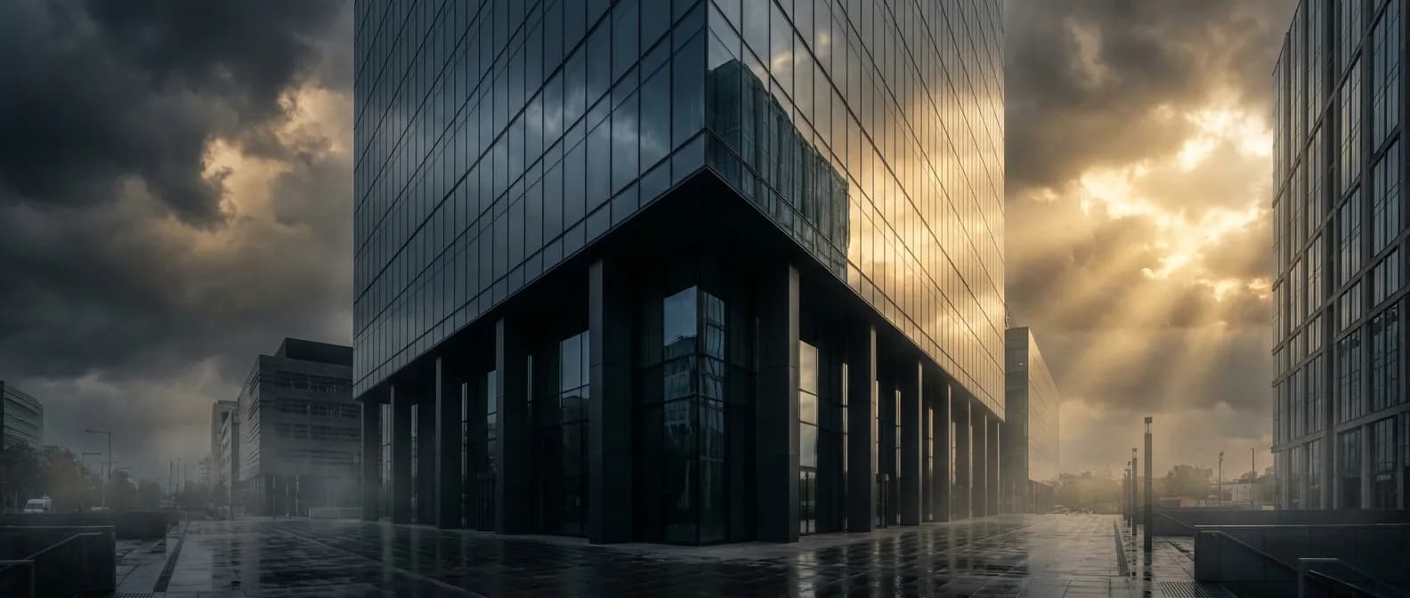 Architecture d'entreprise et résilience financière Immeuble de bureaux moderne sous un ciel orageux symbolisant les défis des fonds propres négatifs.