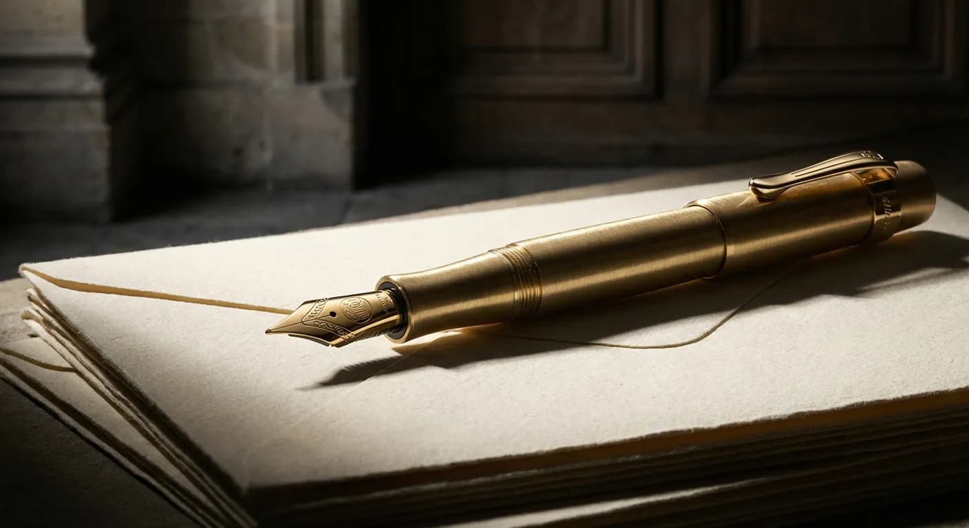 Modèle lettre de démission remise en main propre : Le Guide Stylo plume et enveloppe sur fond sombre, symbole de démission officielle.