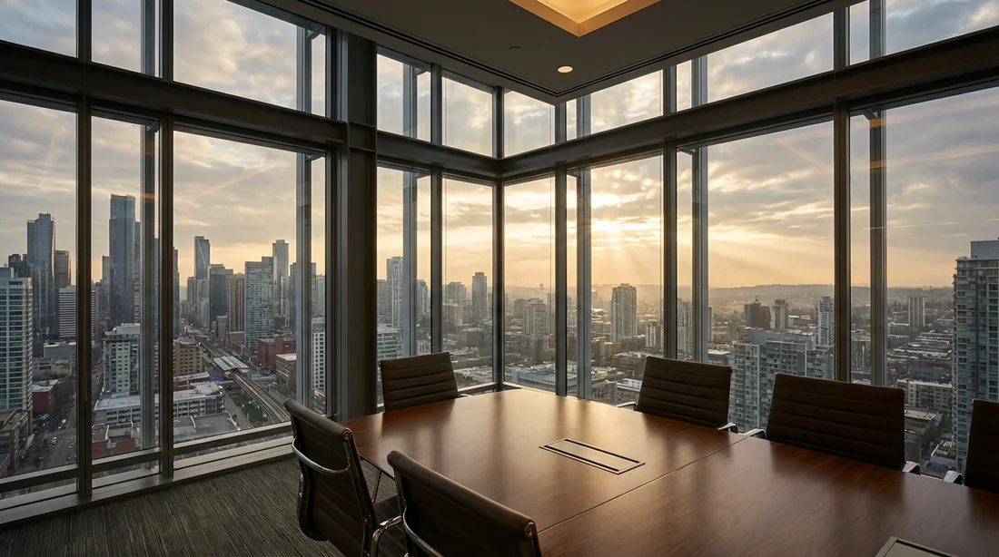 Vue panoramique d'une salle de réunion luxueuse surplombant une ville moderne au lever du soleil, symbolisant la croissance et la sécurité stratégique.