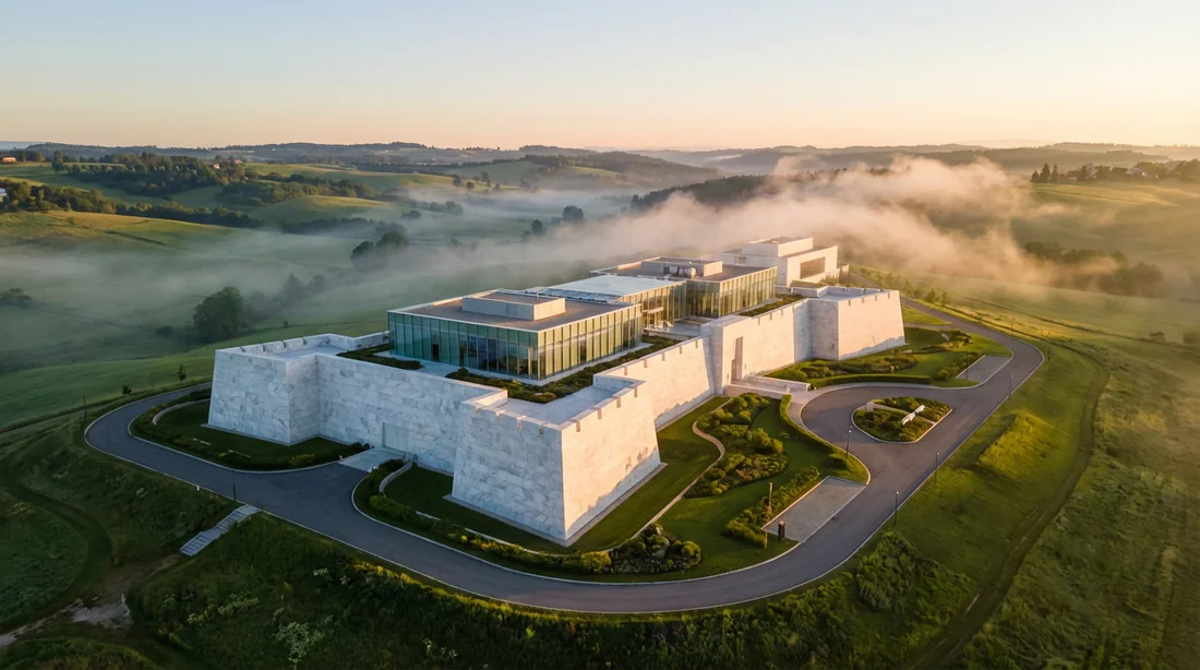 Une structure architecturale majestueuse et moderne sous une lumière dorée symbolisant la croissance et la protection du patrimoine financier.