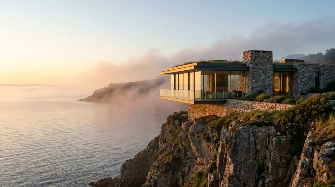 Une villa moderne et luxueuse surplombant l'océan au lever du soleil, symbole d'un patrimoine solide et pérenne.