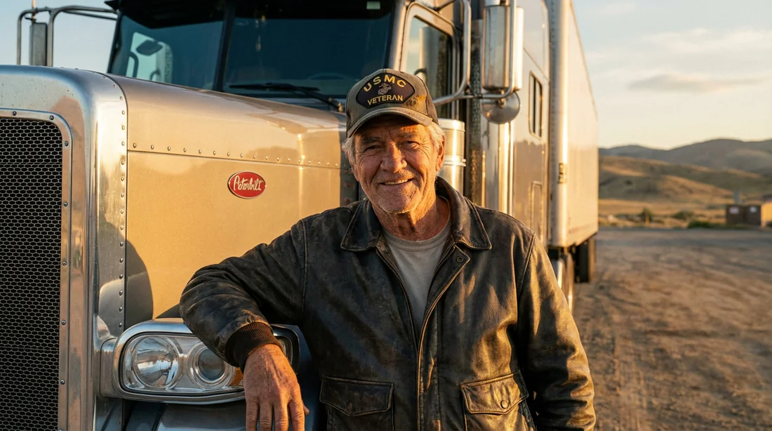 Chauffeur routier expérimenté souriant devant son camion au coucher du soleil