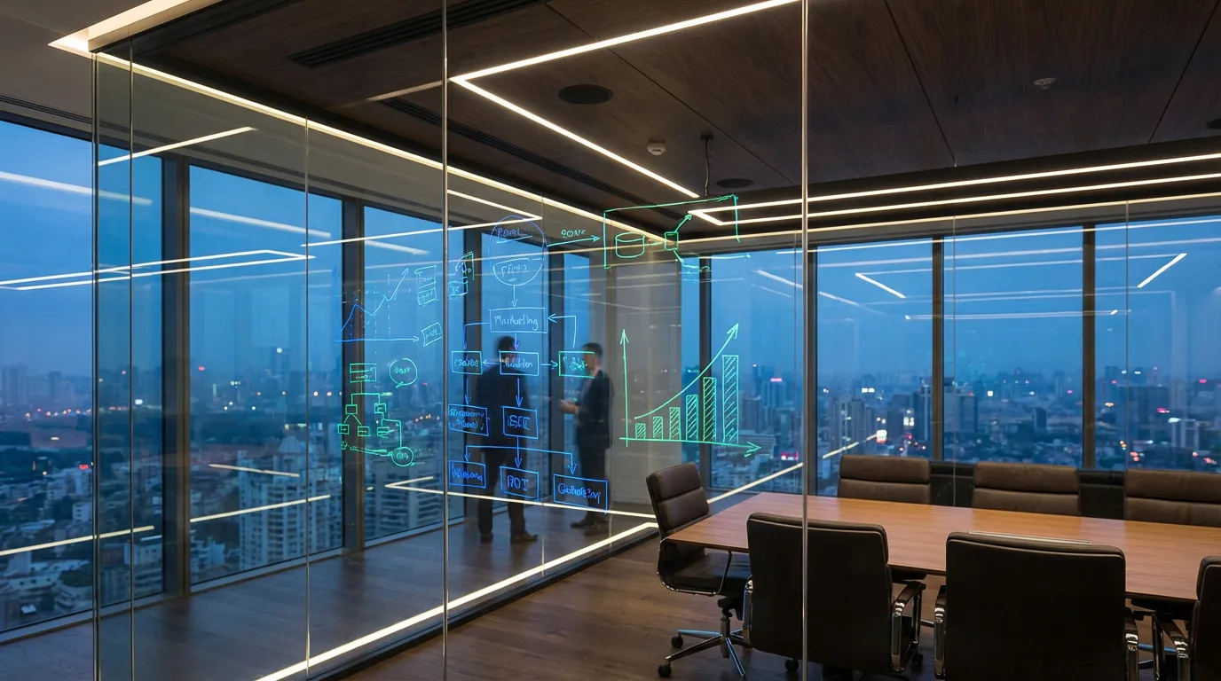 Bureau moderne avec schémas stratégiques illustrant l'entrepreneuriat.