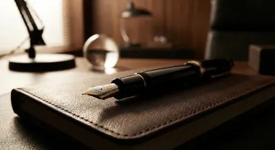 Stylo plume de luxe sur un carnet en cuir sombre, symbole de décision financière.