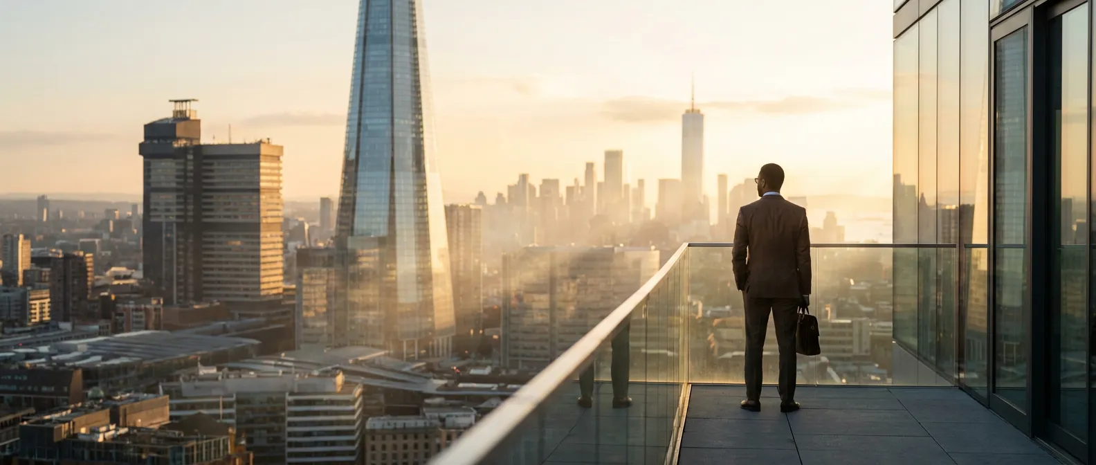 Un professionnel sur une terrasse surplombant un quartier financier moderne au coucher du soleil.