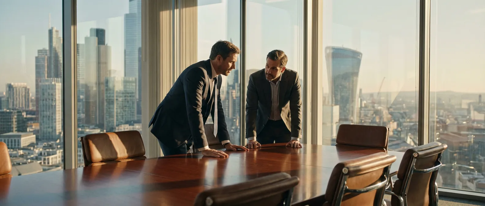 Deux partenaires d'affaires discutant dans un bureau de luxe illustrant l'intuitu personae.