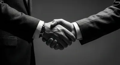 Gros plan iconique d'une poignée de main symbolisant le contrat intuitu personae.