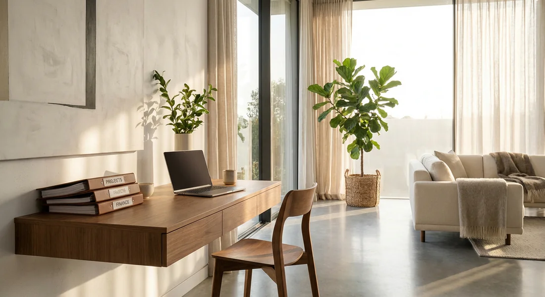 Bureau moderne et lumineux aménagé dans un salon pour une domiciliation d'entreprise.