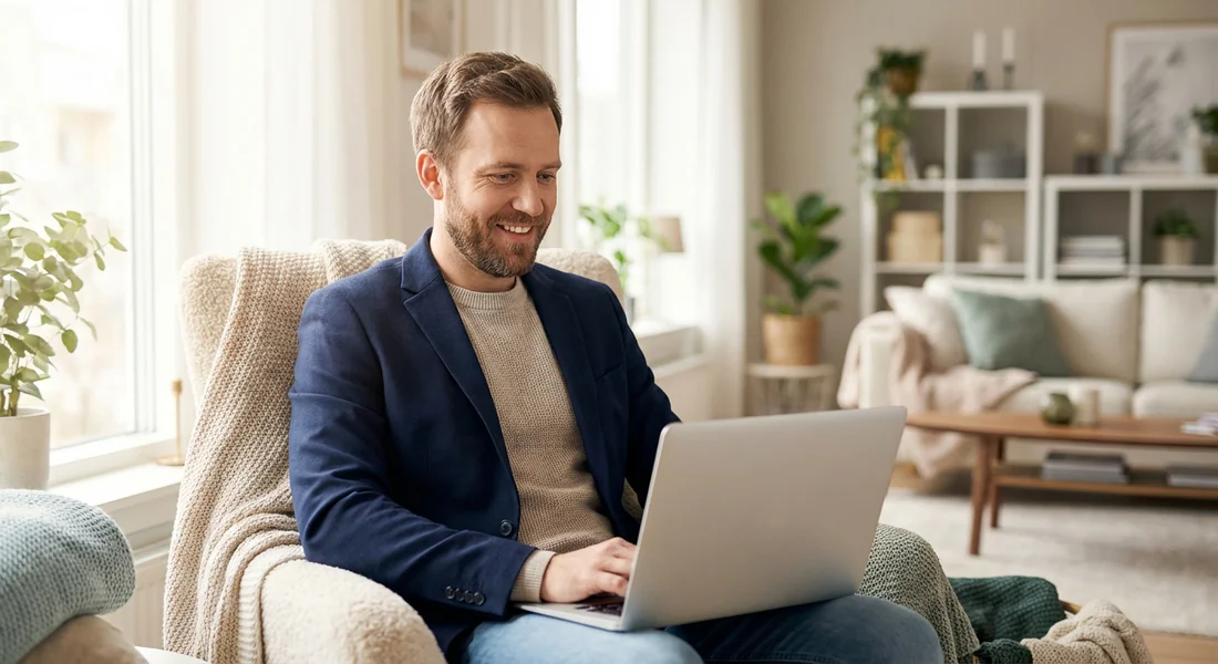 Entrepreneur travaillant sereinement à son domicile.