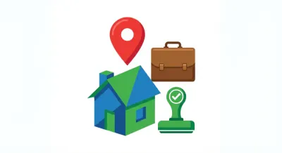 Icône de maison avec épingle de localisation et validation administrative.