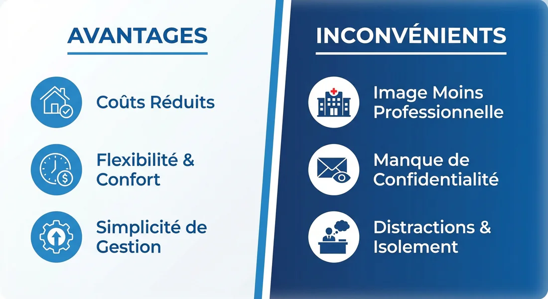 Infographie comparative des avantages et inconvénients de l'adresse commerciale chez soi.
