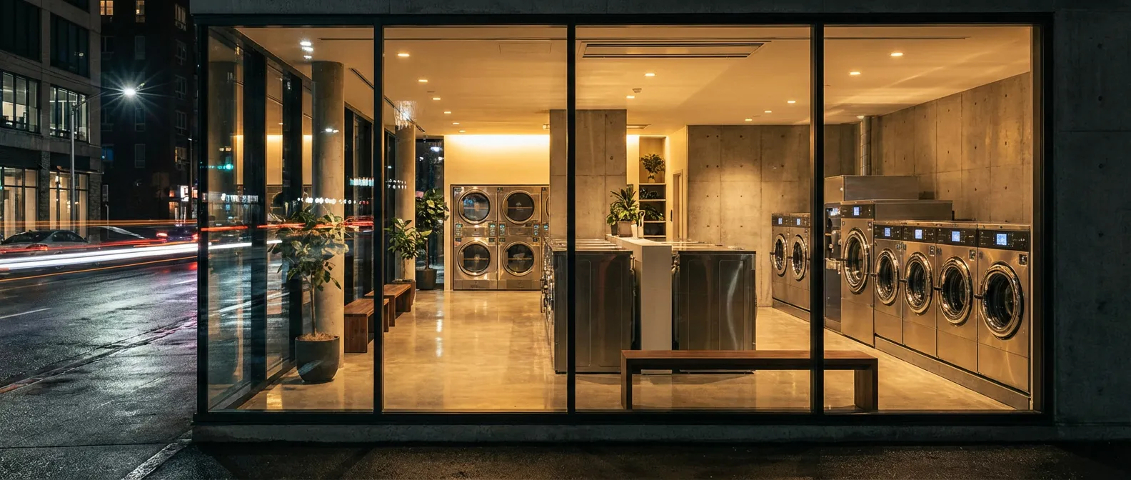 Vue cinématographique d'une laverie automatique moderne et luxueuse de nuit pour investissement