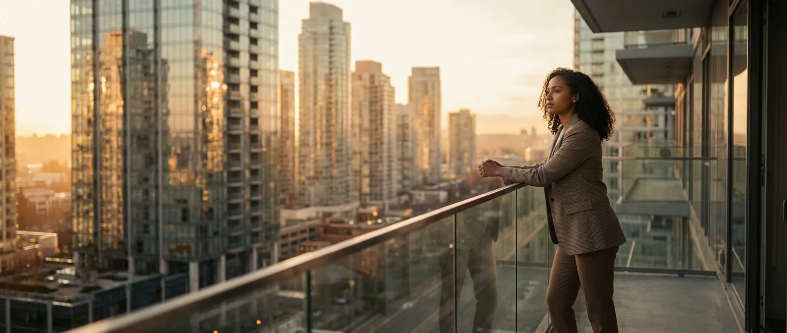 Entrepreneur ambitieux contemplant une ville moderne au coucher du soleil, symbolisant le succès sans diplôme.