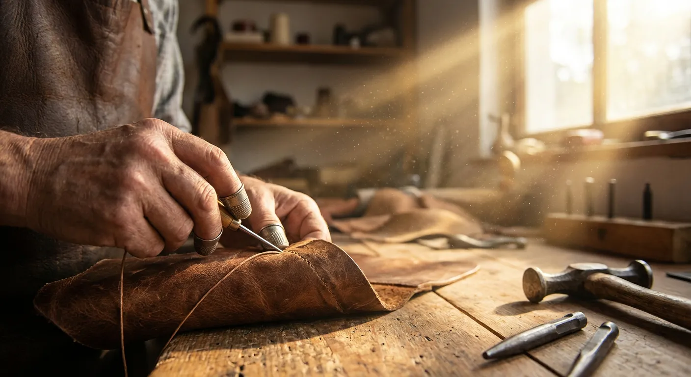 Gros plan sur les mains d'un artisan travaillant le cuir, illustration des métiers manuels.