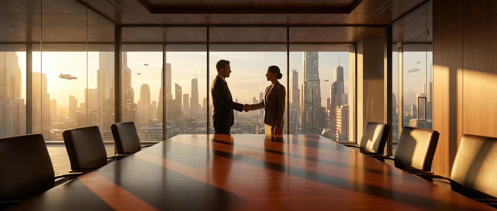 Deux partenaires d'affaires scellant une operation partnership dans un bureau luxueux avec vue panoramique