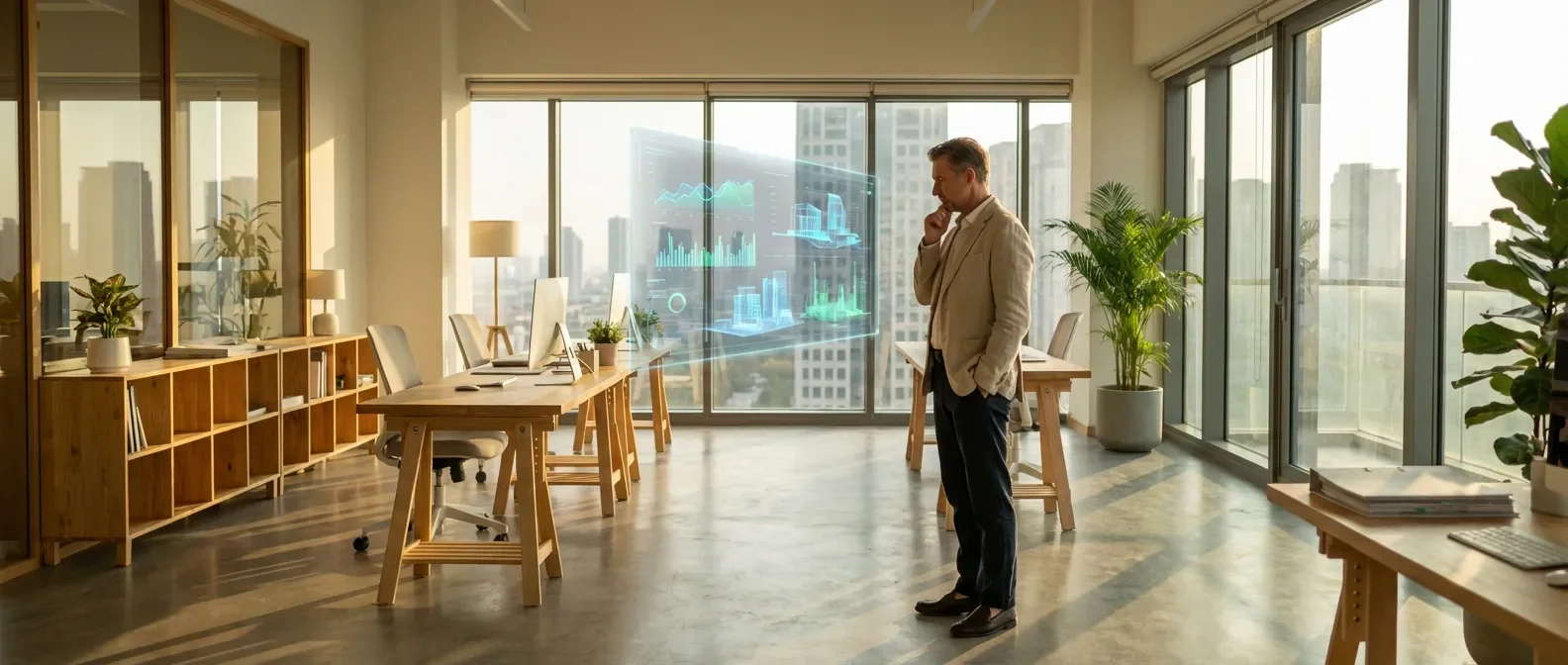 Entrepreneur visionnaire analysant les opportunités de financement hybride dans un bureau moderne.